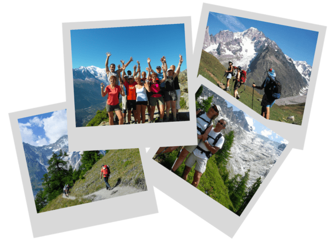 polaroid photos of hikers in Alps