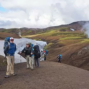 Hikers trekking across Iceland