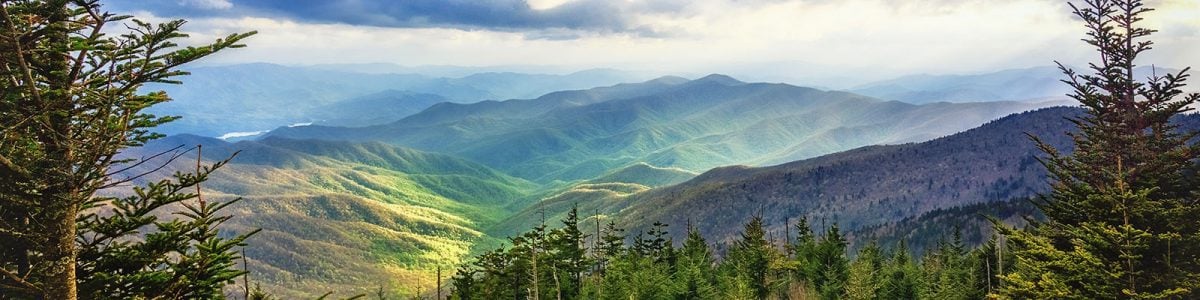 A wide view of sunlit valleys below Clingmans Dome – the highest point in the Great Smoky Mountains National Park. Picturesque mountain landscape background with copy space.