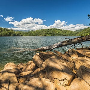 Crystal clear lake waters with blue skies and lush forests in the Great Smoky Mountains