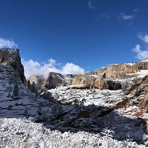 Snowy sandstone blue skies in Zion National Park