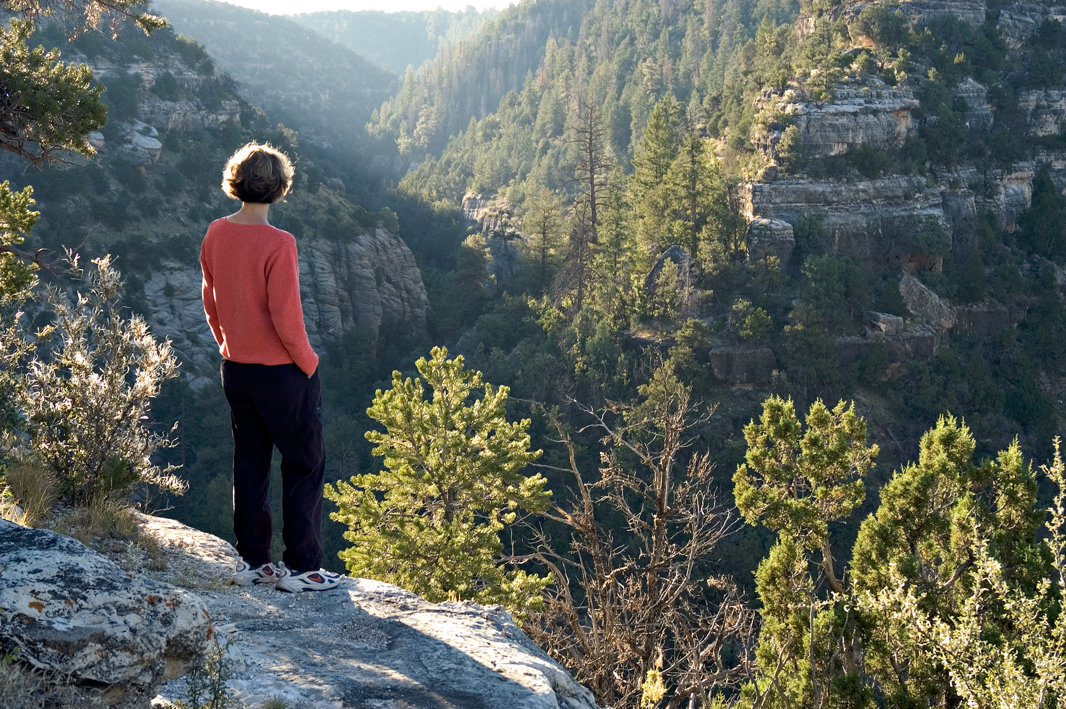 Hiker overlooking Walnut Canyon National Monuments outside of Flagstaff, Arizona