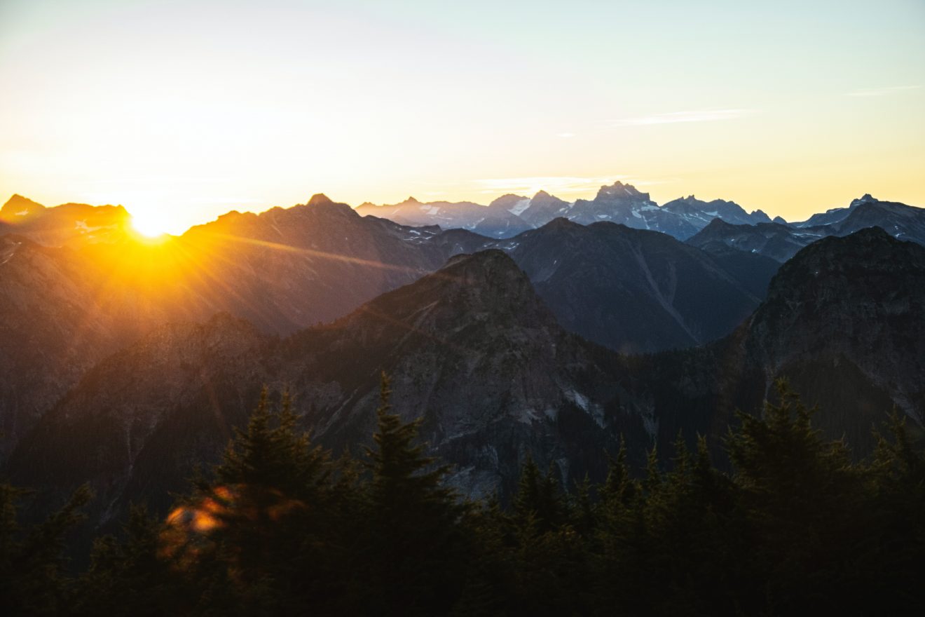 Sunset over the jagged North Cascades range, a premier USA hiking destination .