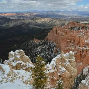 Top down view of Bryce Canyon covered in snow during the winter