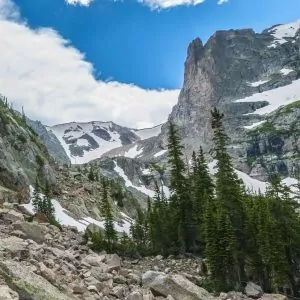Granite peaks and rock formations are dappled with snow and green trees in Rocky Mountain National Park