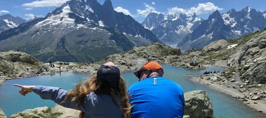 hiking couple enjoying the view at a mountain lake