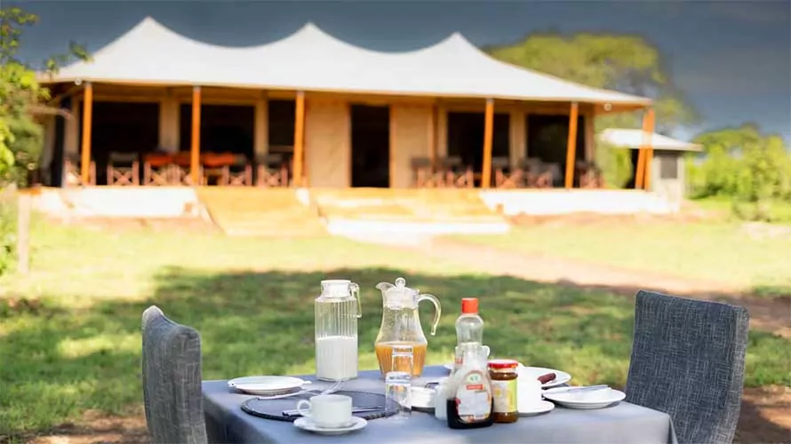 Breakfast table at Tangire Angate Camp in Africa