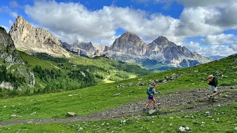 Wildland Trekking guests hiking through the Dolomites in Italy