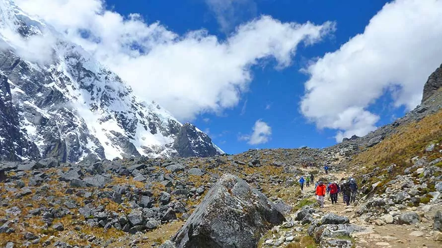 View of majestic snow-capped peaks of the Andes mountain range, as seen along the Salktantay Trek in Peru