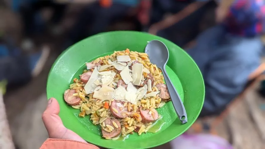 Orzo and sausage dinner on a plastic plate is topped with cheese shavings