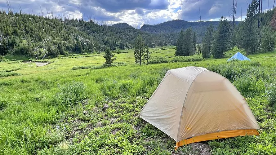 Backpacking tents near meadow in Yellowstone