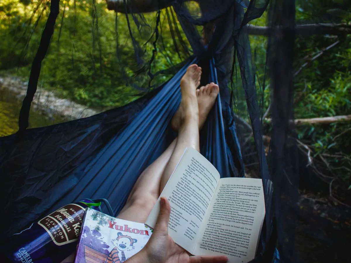 hiking books in a hammock