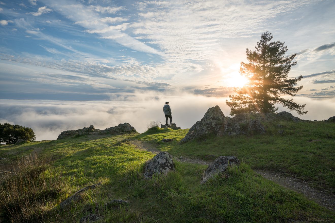 Hiker at the top of Mount Tamalpais in California.