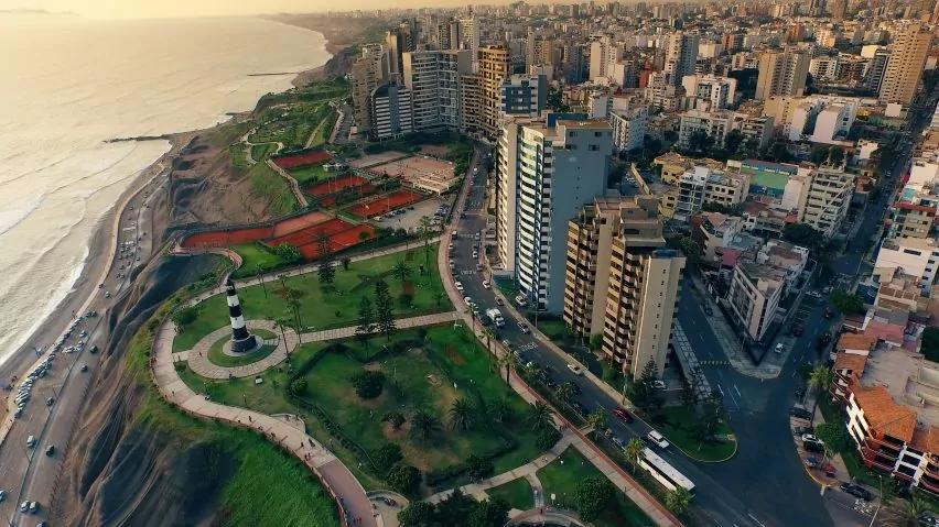 Aerial view of Lima Peru Miraflores cosatline cityscape