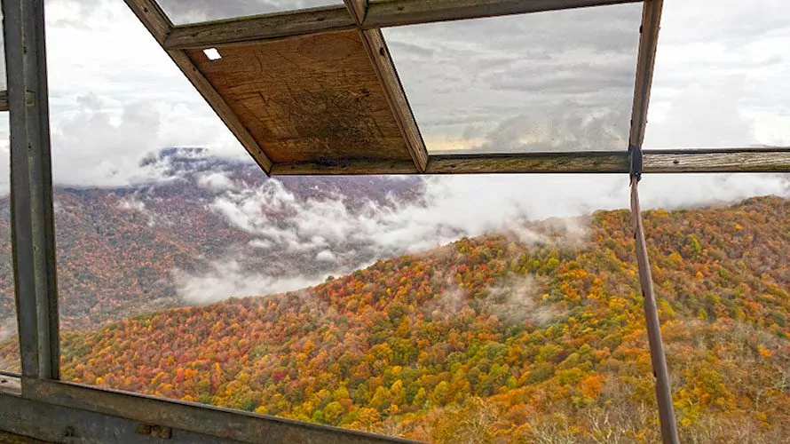 View from Shuckstack Fire Tower on the Appalachian Trail in the Great Smoky Mountains National Park in North Carolina in the fall.