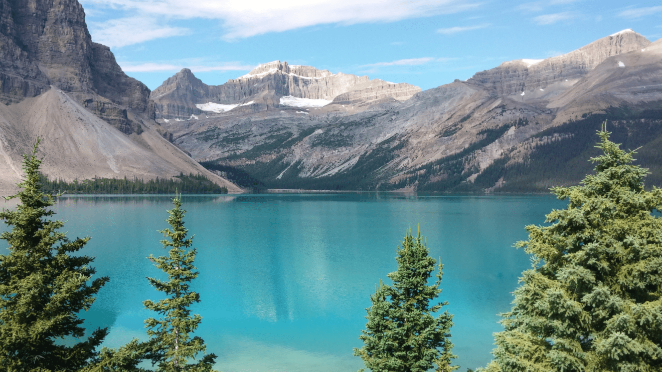 Blue water glacial lake and mountains in Banff National Park