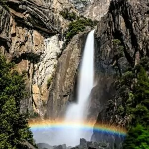 Yosemite August waterfall rainbow rocks mountain national park