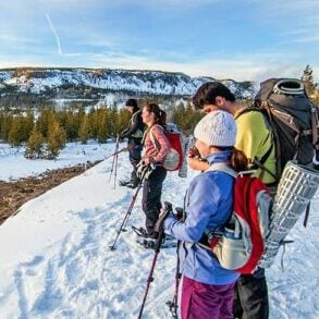 Yellowstone in February guided trek trip group snow river snowshoe cold winter