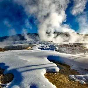 Yellowstone February steam snow vent water hot spring