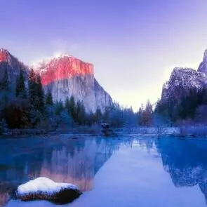 Yosemite-winter- el Capitan- snow- lake- sunset