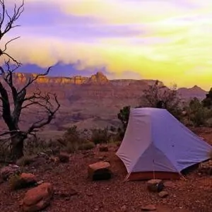 Grand Canyon in June backpacking sunset tent desert tree