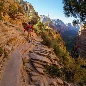 Zion in October Angels Landing trail hiker narrow cliff