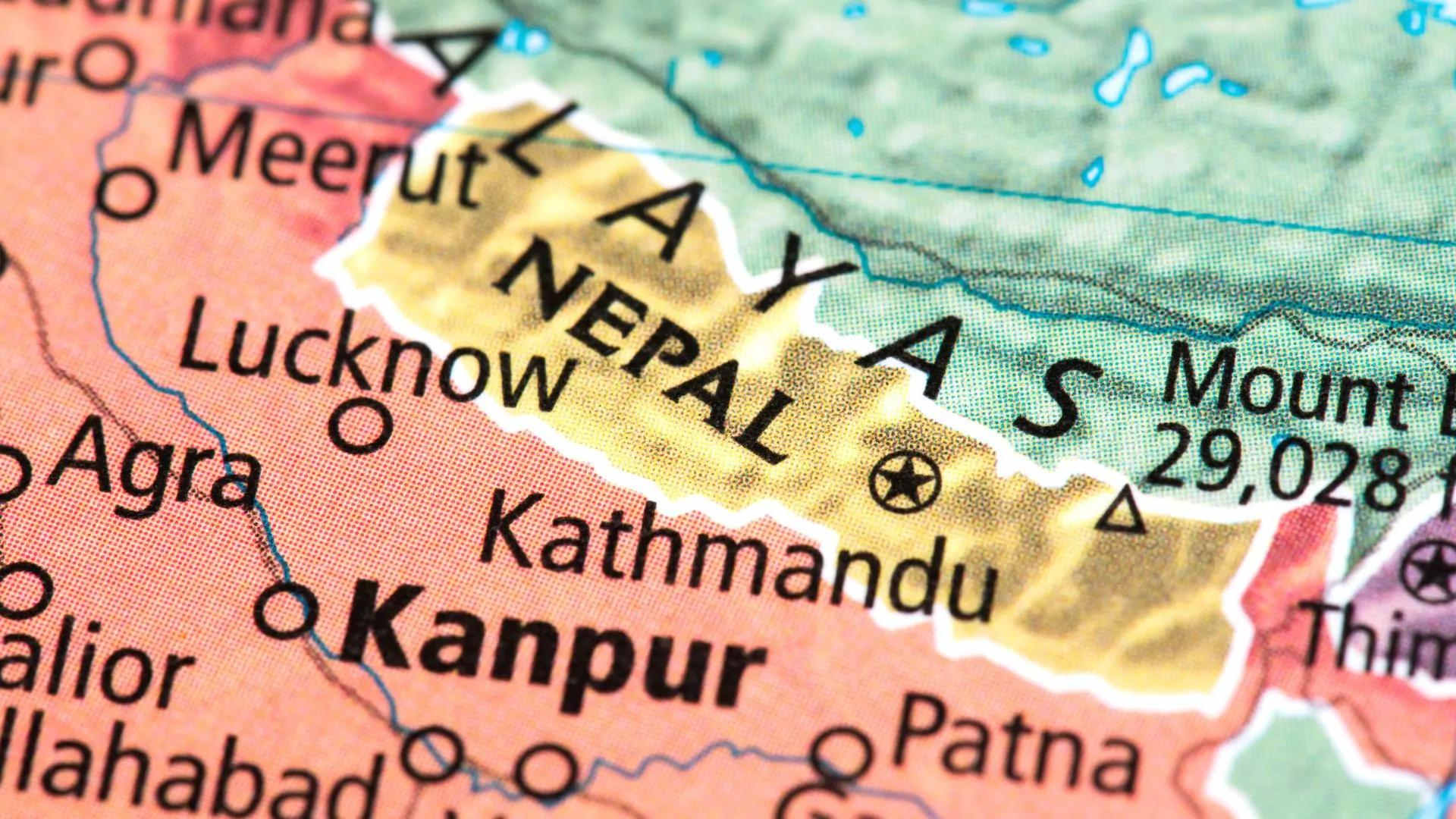 Map of Nepal featuring capital Kathmandu and neighboring countries