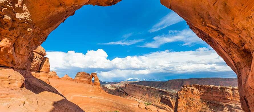 Looking out at Delicate Arch in Arches National Park, Utah