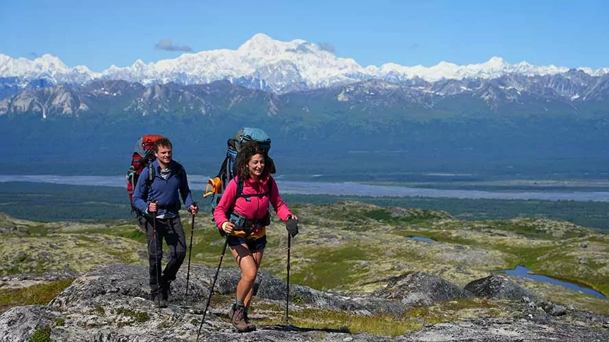 Two backpackers hiking on Kesugi Ridge, with Denali behind