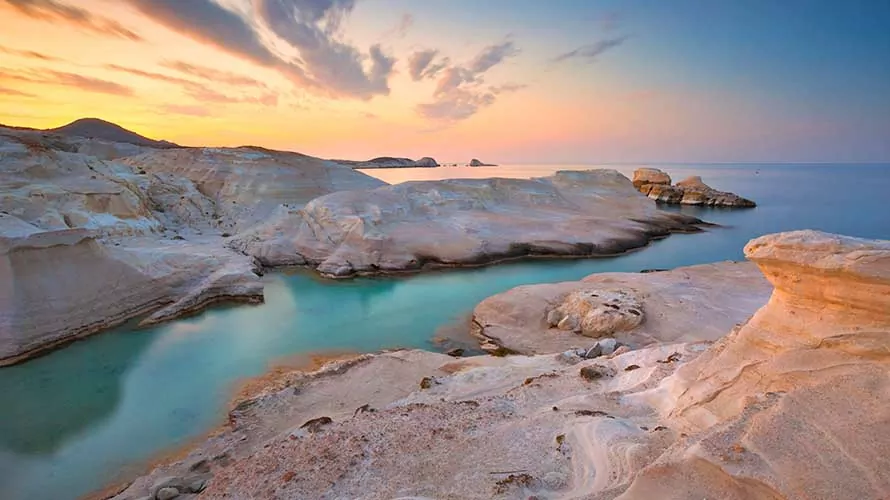 Famous Sarakiniko beach on Milos island, Greece."n
