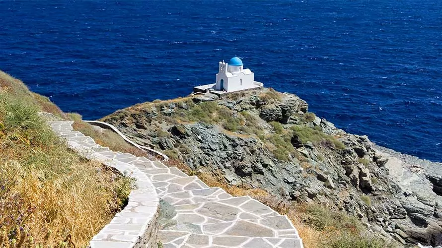 Walkway down to Greek temple in Greek Islands
