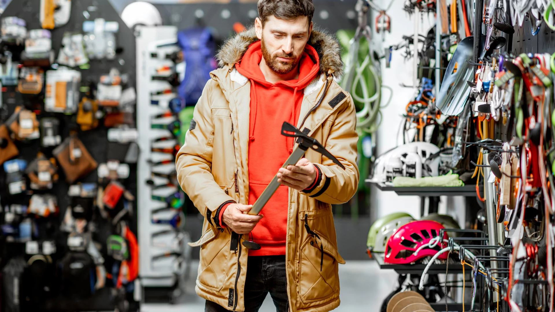 A man shops for mountaineering equipment