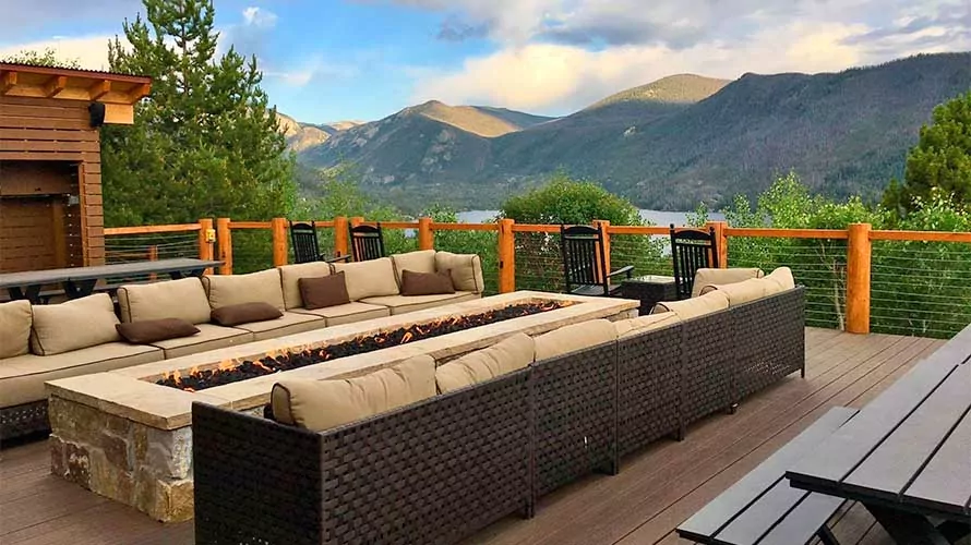 View of mountains from the deck of Grand Lake Lodge, Colorado