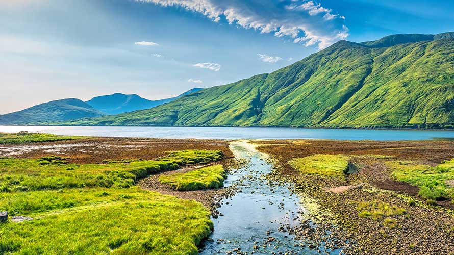 Killary Harbour fjord in northern Connemara, in western Ireland on a sunny day.