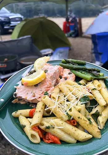 Gourmet salmon and noodles camp dinner with Wildland Trekking