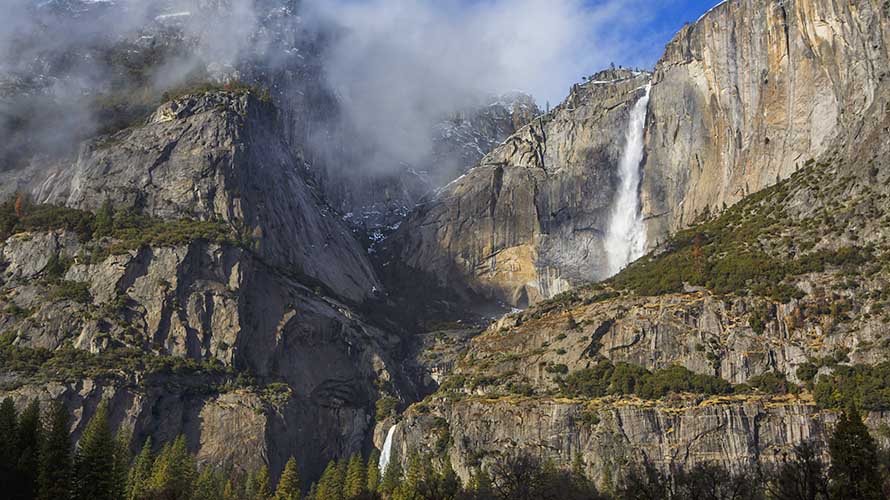 Yosemite Falls seen in winter in Yosemite National Park. in Yosemite Valley, California, United States