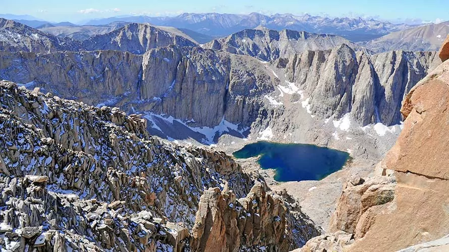 Summit view from Mount Whitney, California 14er, state high point and highest peak in the lower 48 states, located in the Sierra Nevada Mountains