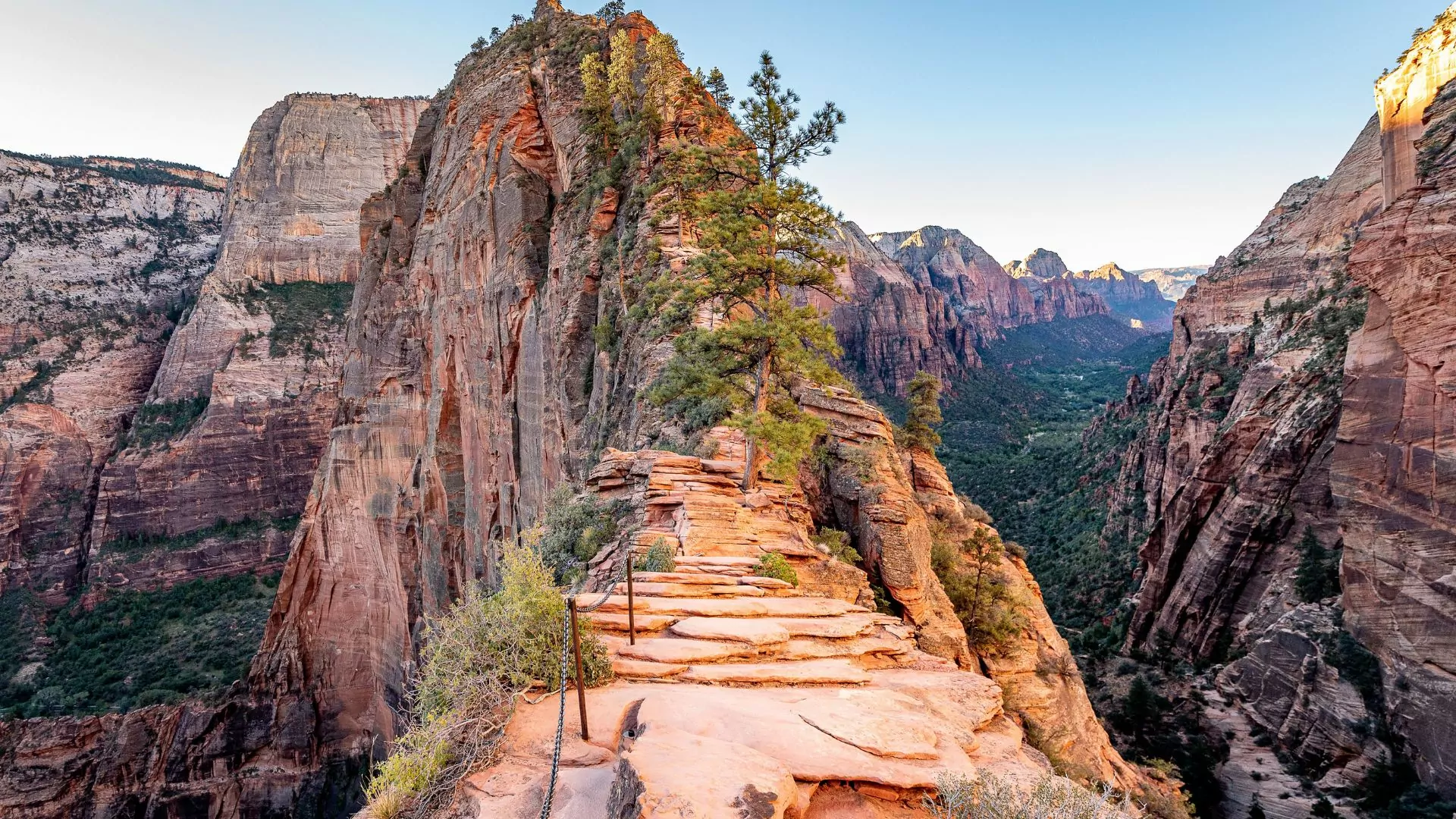 The knifes edge ridge of Angels Landing in Zion National Park stretches into the distance