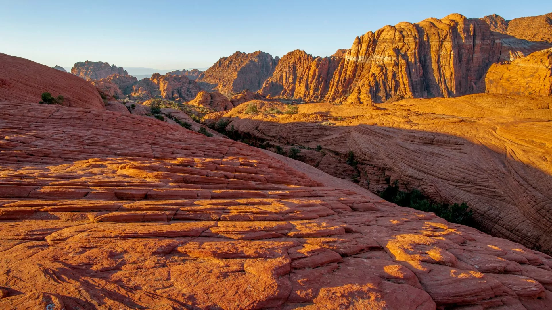 The red rocks of Snow Canyon State Park are set off by the glow of the setting sun