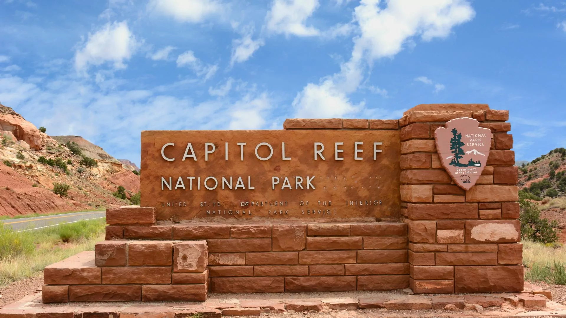 Capitol Reef National Park sign marks the entrance to a great hiking destination