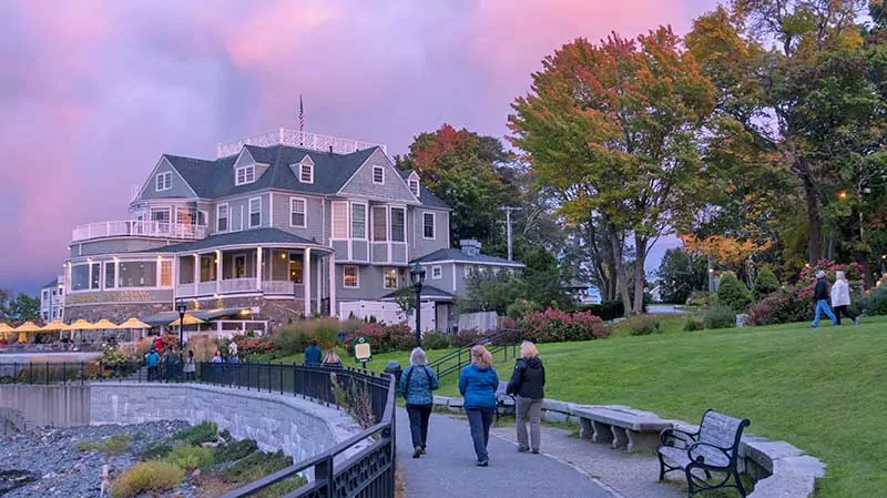 Tourists walking on promenade in downtown Bar Harbor