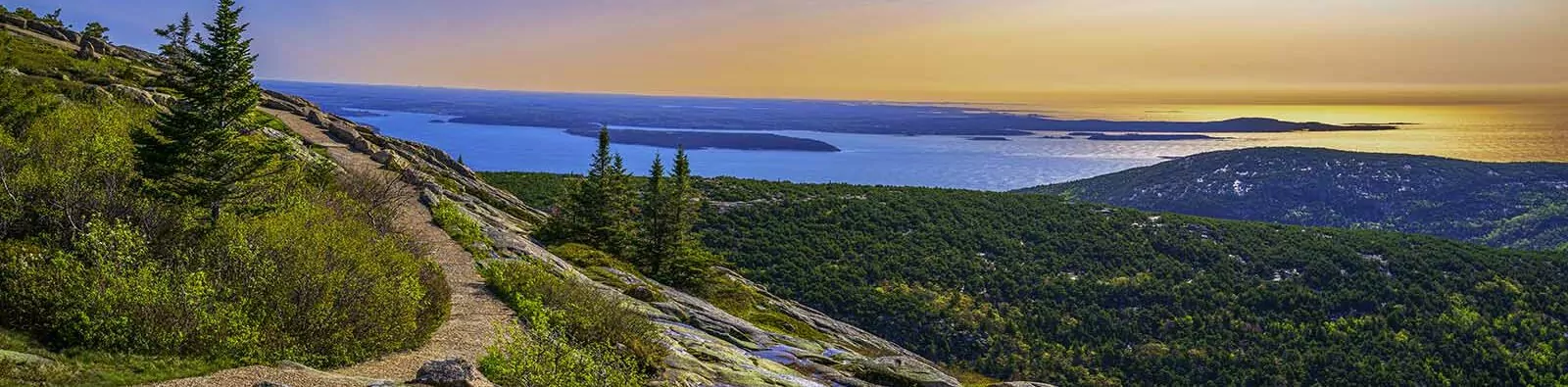 Panorama of the Cadillac Mountain Overlook in Acadia National Park, Bar Harbor, Maine