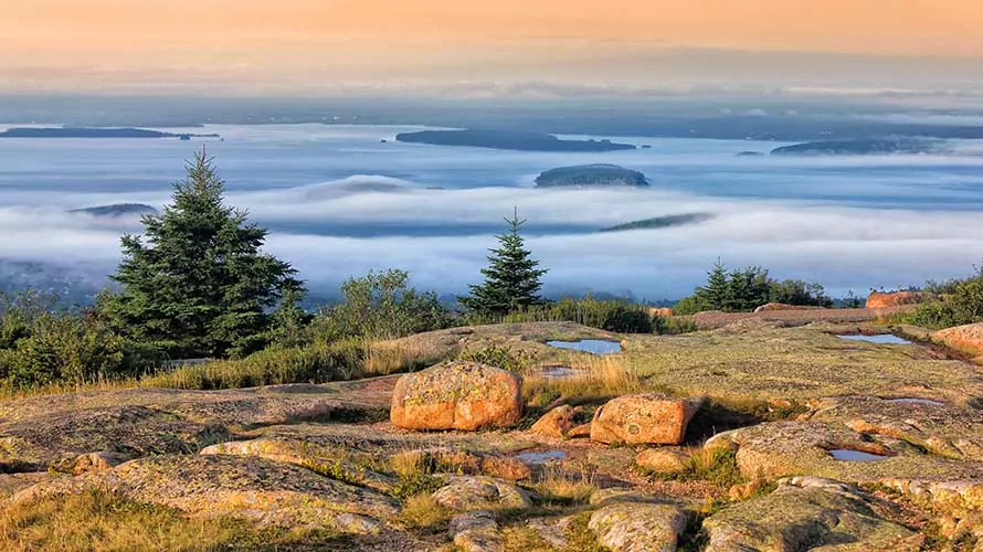 The view of the sunset colors from Cadillac Mountain in Acadia National Park