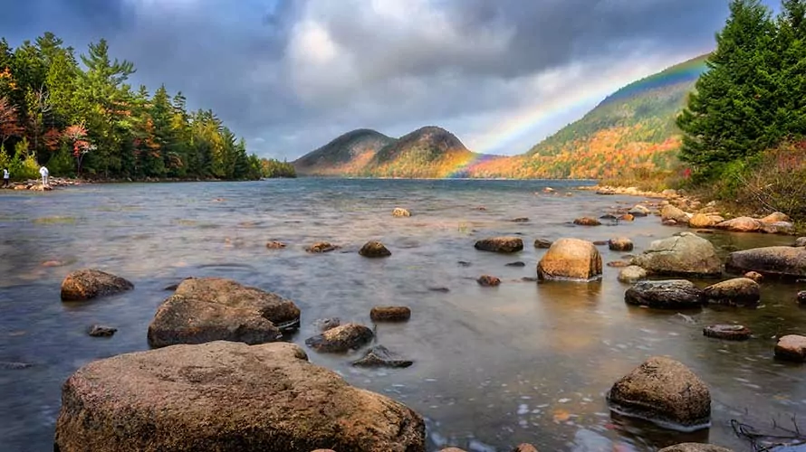 The Bubbles and Jordan Pond in Acadia National Park with a rainbow