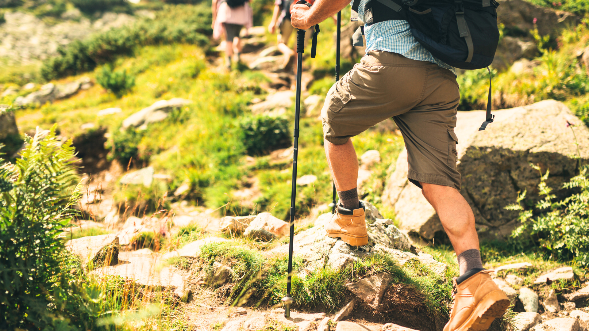 A hiker with trekking poles climbs a grassy slope