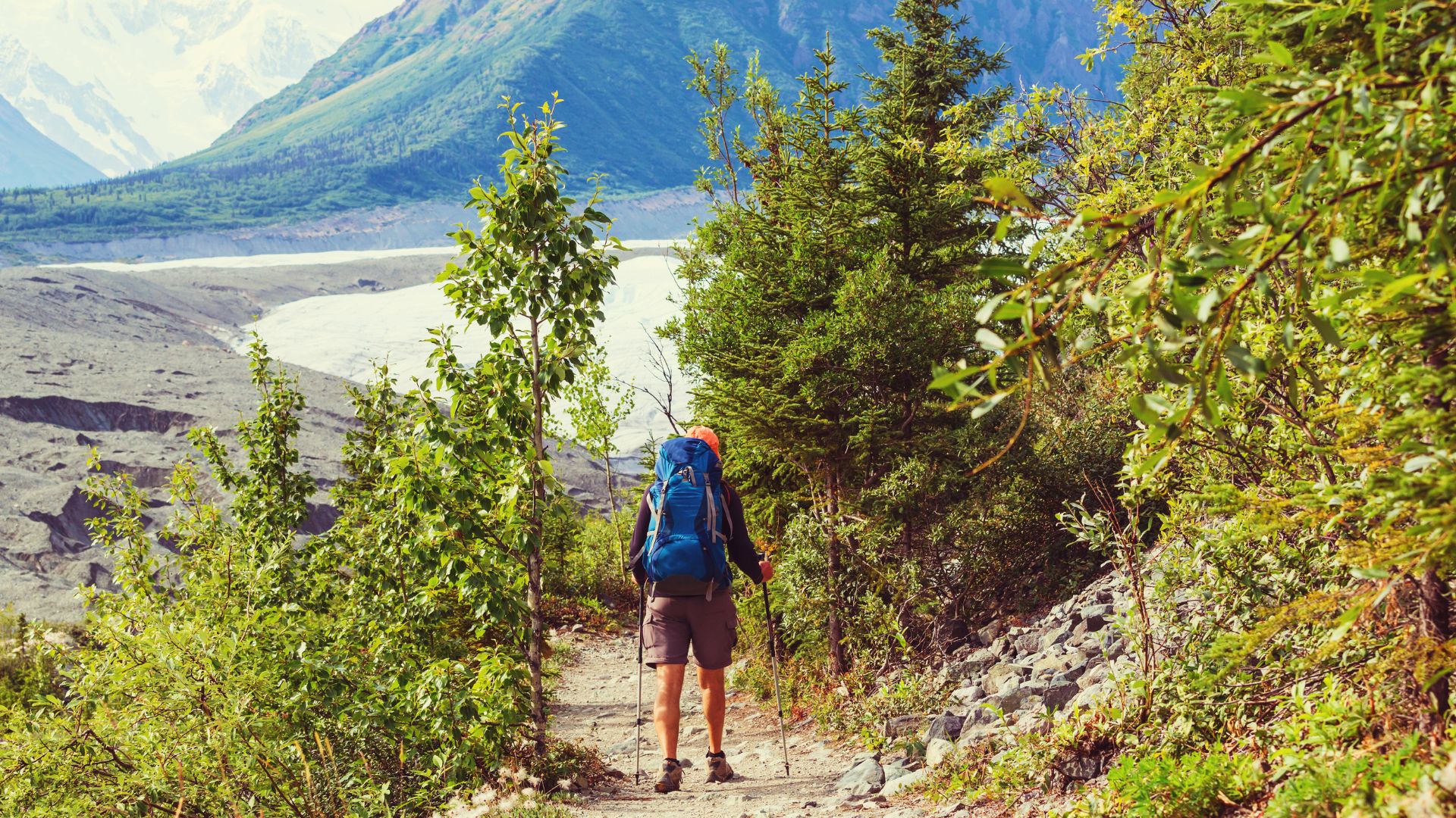 A man with a large backpack on hikes down a sunny trail in Alaska headed for snowy mountainous terrain