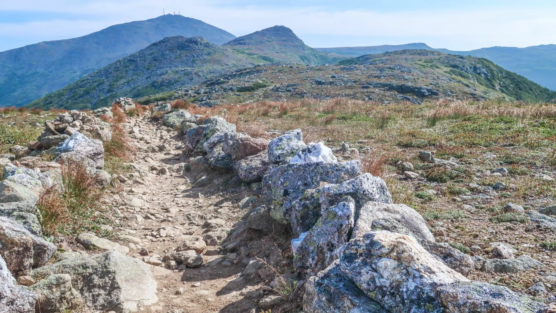 The Appalachian Trail stretches into the distance along the ridge line of the Presidential Range