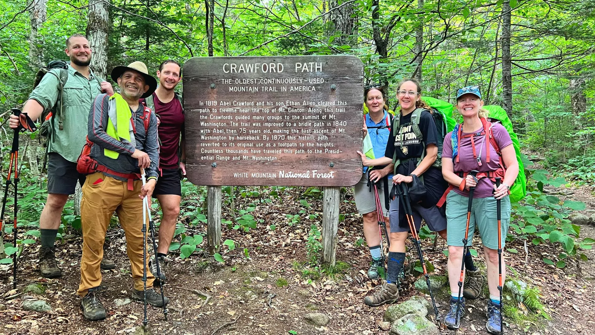 A group of hiker poses near the Crawford Path sign