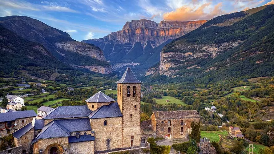 Torla-Ordesa at sunset and the Ordesa & Monte Perdido National Park in pyrenees Spain