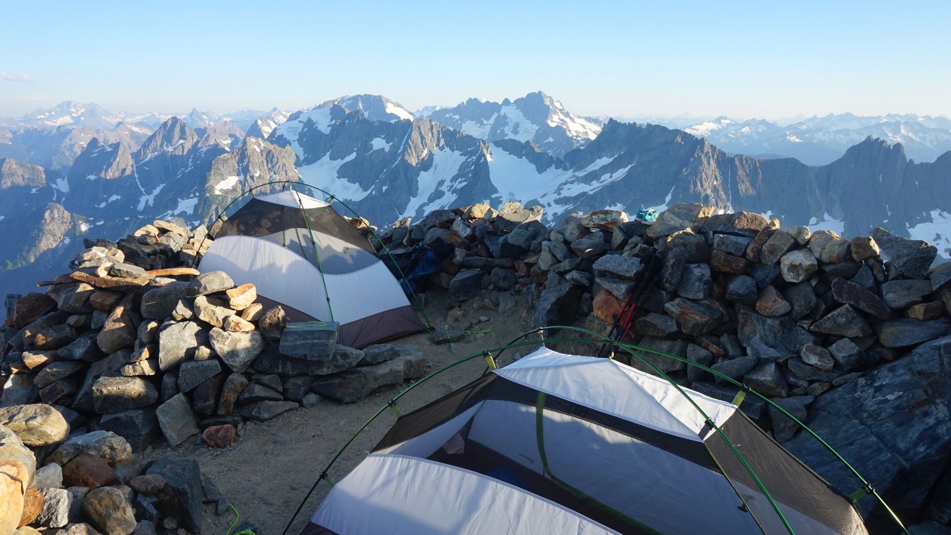 Tents shelter among the rocks at Sahale Glacier camp in the North Cascades